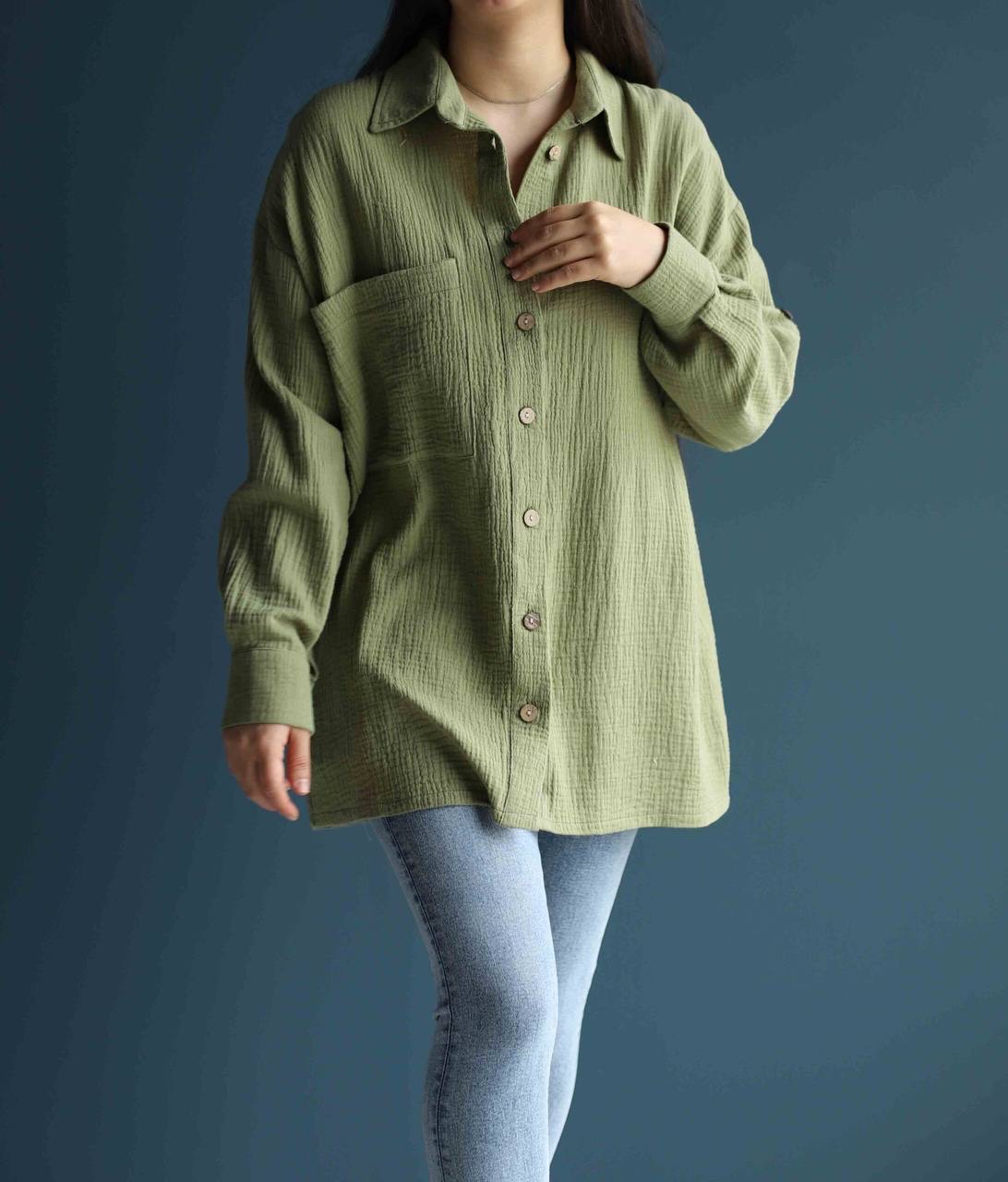 شومیز دبل فیس دکمه چوبی